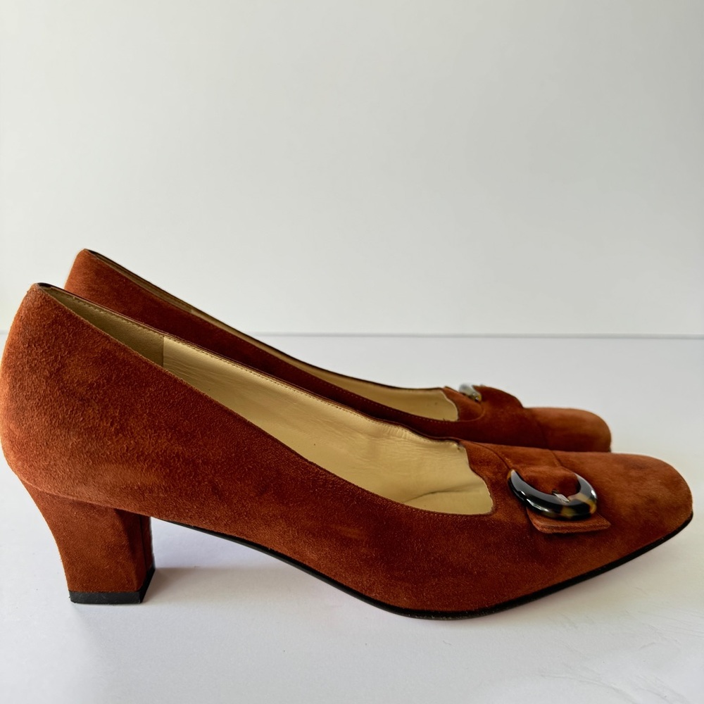 Vntg Salvatore Ferragamo 90s Women Suede Heels Brown Buckle Pumps Italy Sz 5.5 - Picture 2 of 11